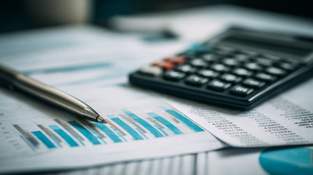 A close-up view of a calculator, pen, and financial documents featuring colorful graphs and statistics, illustrating business finance analysis and planning strategies.の素材