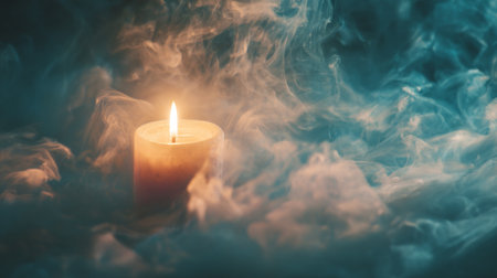 A serene candle emits a warm glow in a dark setting, surrounded by swirling smoke. Ideal for themes of relaxation, meditation, and tranquility.の素材