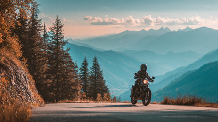 A motorcyclist enjoys a serene ride along a winding road, surrounded by stunning mountains and lush trees, capturing a moment of adventure in natureの素材