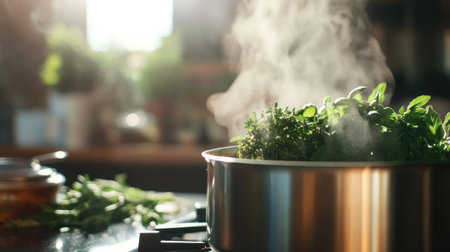 A steaming pot of homemade soup bubbling on the stove, with fresh herbs and spices nearby, illustrating the warmth and comfort of cooking from scratch.の素材