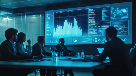 A team of professionals analyzing a large 3D graph projected in a modern conference room, emphasizing collaboration and high-tech data presentation in business meetings.の素材