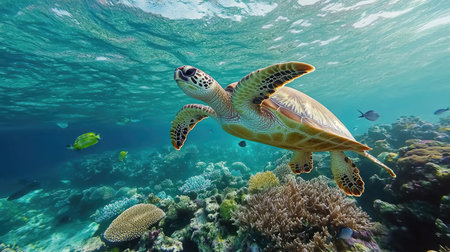 A stunning underwater shot of a graceful sea turtle gliding through crystal-clear waters, surrounded by colorful coral reefs and schools of tropical fish, showcasing marine biodiversity.の素材