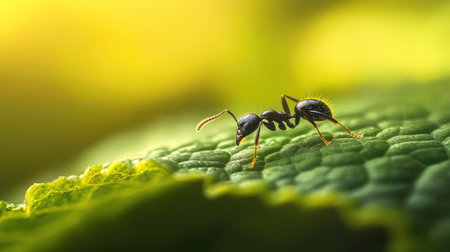 A tiny ant crawling along the edge of a leaf, its shiny black body in sharp focus against the textured green surface, emphasizing the world of the miniature.の素材