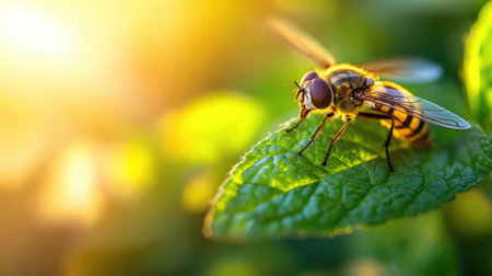 A hoverfly balancing on a leaf, surrounded by the soft green of a plant, as its striped body glistens in the afternoon sun.の素材