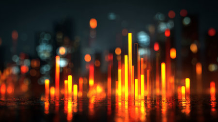 Stunning visual of a vibrant city skyline at night with glowing bars reflecting in water, evoking a sense of energy and contemporary urban life.の素材