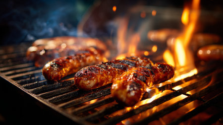 Enjoy the sights and sounds of a summer barbecue with sizzling sausages cooking on a grill, surrounded by mesmerizing flames and smoky aroma. Perfect for food lovers!の素材