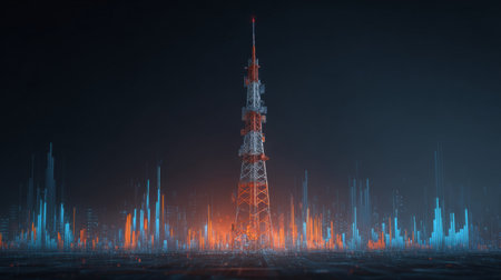 This striking image showcases a futuristic communication tower emanating vibrant digital waveforms in a dark setting, symbolizing connectivity and technology.の素材