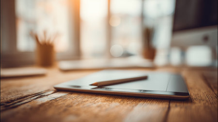 A cozy workspace featuring a tablet and pencil on a wooden table. The soft sunlight and plants create an inviting atmosphere for creativity and productivity.の素材