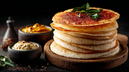 Experience the rich flavors of South Indian cuisine with a stack of crispy dosas served alongside spicy chutney and tangy curry on a rustic wooden platter.の素材