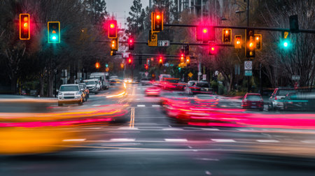 A dynamic view of a bustling urban intersection captured at dusk. Traffic lights glow in vivid colors, while car headlights create streaks, embodying city life.の素材