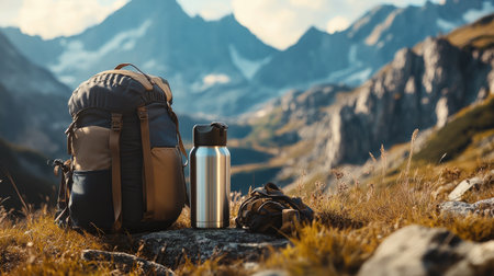 A travel scene featuring a durable water bottle next to a backpack and hiking gear, set against a beautiful mountain backdrop, emphasizing adventure and explorationの素材