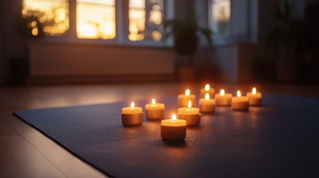 A tranquil meditation space with lit wax candles arranged around a yoga mat, creating a calming environment for mindfulness and relaxation.の素材