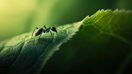 A tiny ant crawling along the edge of a leaf, its shiny black body in sharp focus against the textured green surface, emphasizing the world of the miniature.の素材