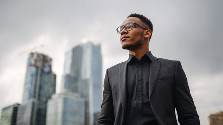 A confident businessman stands outdoors against a dynamic urban skyline, showcasing a blend of professionalism and ambition with a stylish look and thoughtful demeanor.の素材