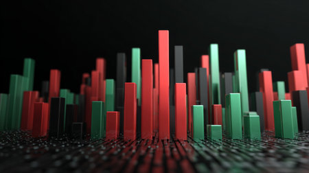 Vibrant abstract financial trading chart with colorful bars in green, red, and black set against a dark backdrop, symbolizing data analysis in business.の素材