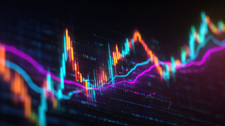 This dynamic image showcases colorful line graphs and candlestick indicators, perfect for illustrating investment trends and stock market analysis in modern finance.の素材