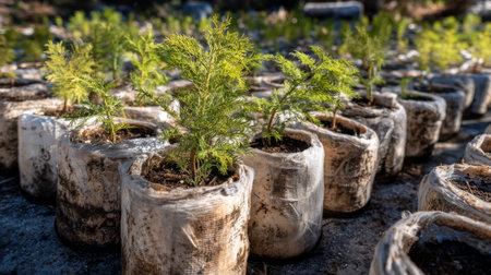 A collection of young saplings thriving in biodegradable containers under natural sunlight. This scene emphasizes sustainable gardening practices and environmental stewardship.の素材
