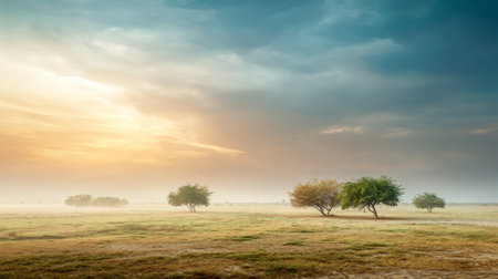 A serene landscape depicting a misty field at sunrise, featuring isolated trees and a colorful sky, evoking feelings of tranquility and natural beauty.の素材