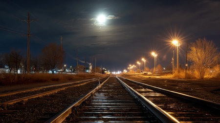This captivating nighttime photography depicts a railway track illuminated by soft streetlight and a bright full moon, creating a serene atmosphere perfect for evoking feelings of adventure.の素材
