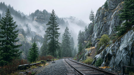 A captivating mountain landscape featuring train tracks winding through lush greenery and draped in a delicate mist, creating a serene and peaceful atmosphere perfect for exploration.の素材
