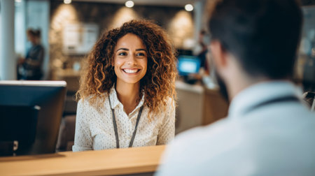 A cheerful receptionist with curly hair welcomes a visitor at a modern office front desk, showcasing a professional and inviting atmosphere perfect for business interactions.の素材
