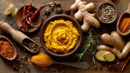 A captivating assortment of spices and herbs displayed on a rustic wooden surface, featuring vibrant turmeric paste, fresh ginger roots, and aromatic dried chilies.の素材