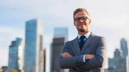 A confident businessman stands with arms crossed, showcasing a warm smile against a bright urban skyline, symbolizing ambition and success in a modern setting.の素材