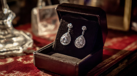 Discover a stunning pair of elegant earrings set in a vintage box, showcasing their sparkling design and intricate craftsmanship against a richly textured backdrop.の素材