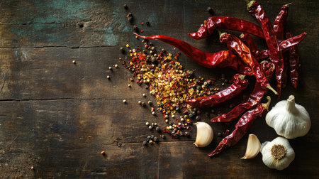 An artistic arrangement of dried chili peppers, garlic, and other spices on a rustic wooden table, emphasizing the essential role of these ingredients in culinary traditions.の素材