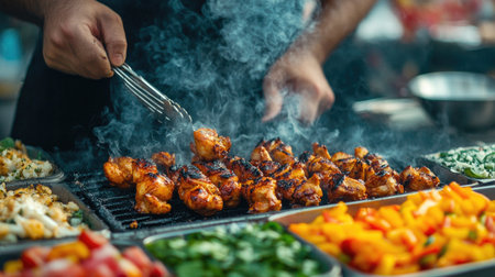 A vibrant kitchen scene featuring a chef grilling marinated chicken on an open flame, with smoke rising and colorful side dishes ready for plating.の素材