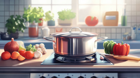 An inviting kitchen scene featuring a shiny stainless steel pot on the stove, with ingredients prepared and ready to cook, emphasizing the joy of culinary creation.の素材