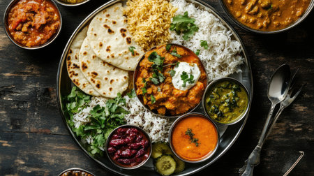 An overhead view of a traditional Indian thali, featuring an assortment of curries, flatbreads, and pickles, capturing the diversity and flavors of Indian food culture.の素材