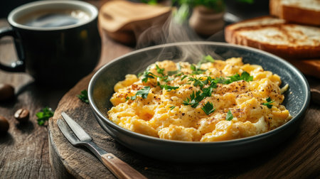 An inviting breakfast scene with scrambled eggs topped with cheese and fresh herbs, served alongside toast and a steaming cup of coffee, promoting a hearty morning meal.の素材