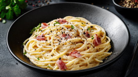 An elegant bowl of spaghetti carbonara, featuring creamy sauce, crispy pancetta, and a sprinkle of black pepper, illustrating the indulgence of Italian cuisine.の素材