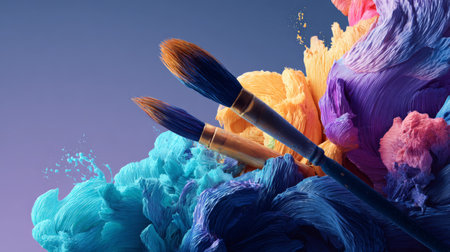Explore a striking composition of vibrant colors and professional paint brushes, ideal for projects related to art, creativity, and design inspiration.の素材