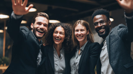 A joyful group of diverse young professionals shares a moment of celebration in a modern office space, showcasing teamwork and positive relationships in the workplace.の素材