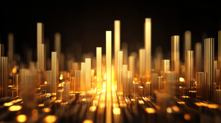 An abstract depiction of a cityscape featuring glowing golden bars against a sleek black background, evoking feelings of modernity and energy in digital technology.の素材