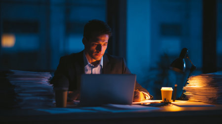 A dedicated business professional immersed in work during a late night, surrounded by paperwork and a warm light, symbolizing focus and productivity in a modern office.の素材