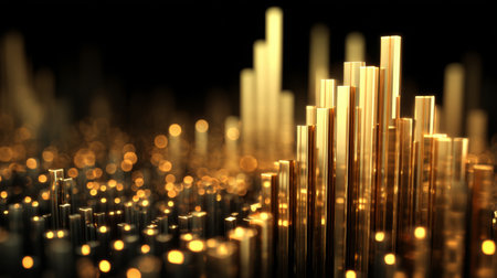 This abstract image showcases shimmering golden bars illuminated against a dark background, creating a mesmerizing display of light, color, and artistic expression.の素材