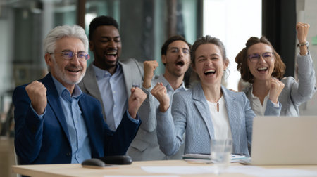 A group of diverse professionals celebrates a significant achievement in a modern office setting, showcasing teamwork, enthusiasm, and a positive atmosphere of success.の素材