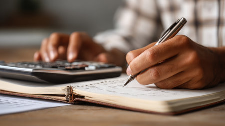 A close-up view of hands engaged in writing in a notebook while using a calculator, showcasing a focused and organized workspace ideal for financial tasks.の素材