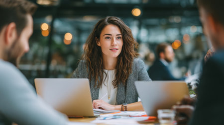 A young woman leads a professional meeting in a stylish office. Colleagues engage in discussion, emphasizing teamwork and innovative ideas in a modern workspace.の素材