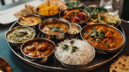 A beautifully arranged thali featuring an assortment of Indian dishes, including curries, rice, and pickles, showcasing the balance and variety in Indian dining.の素材
