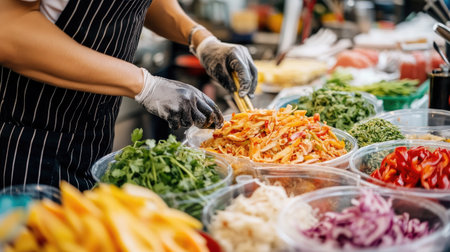 A chef skillfully preparing Som Tum at a street food stall, with fresh ingredients laid out, capturing the authentic atmosphere of Thai street food culture.の素材
