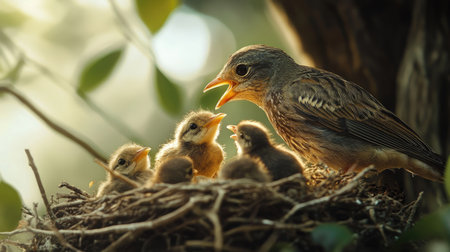 A close-up shot of a mother bird feeding her hungry chicks in their nest, showcasing the bond and nurturing instinct of wildlife in a serene natural setting.の素材