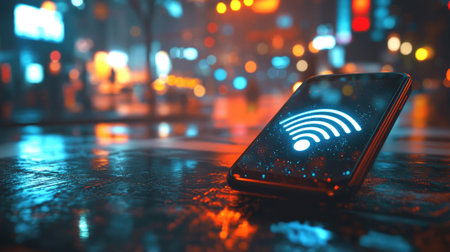 A close-up shot of a smartphone displaying a strong Wi-Fi signal icon, set against a vibrant urban backdrop, showcasing the power of wireless connectivity in everyday life.の素材