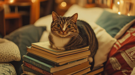 A cute photo of a chubby cat perched atop a stack of books, looking curiously at the camera, surrounded by a cozy reading nook and soft pillows.の素材