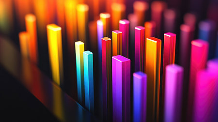 A colorful 3D bar graph displaying data trends with vibrant segments, set against a sleek black background, emphasizing modern data visualization techniques.の素材