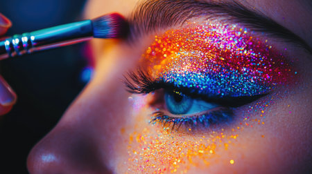 A creative shot of a makeup artist applying glitter eyeshadow to a model, with vibrant colors and artistic flair, highlighting the world of beauty and creativityの素材