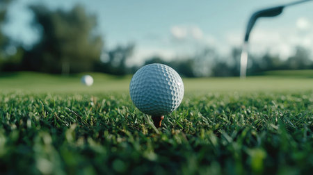 A close-up shot of a golf ball resting on a tee, with a club poised for a swing, emphasizing the anticipation and focus before a crucial shot.の素材